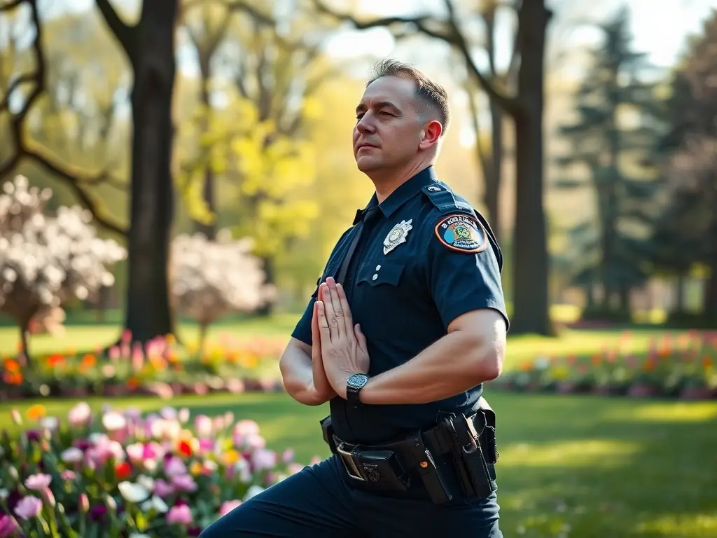 A serene image of a police officer meditating outdoors, emphasizing mental health and well-being.